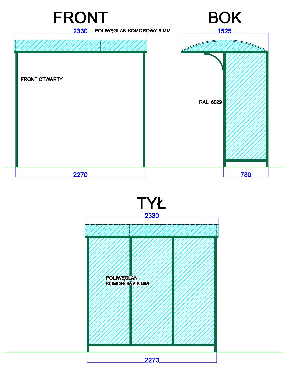 Przykładowa wiata Giewont, rozmiar 230 x 156 cm Giewont wąski - Giewont wąski